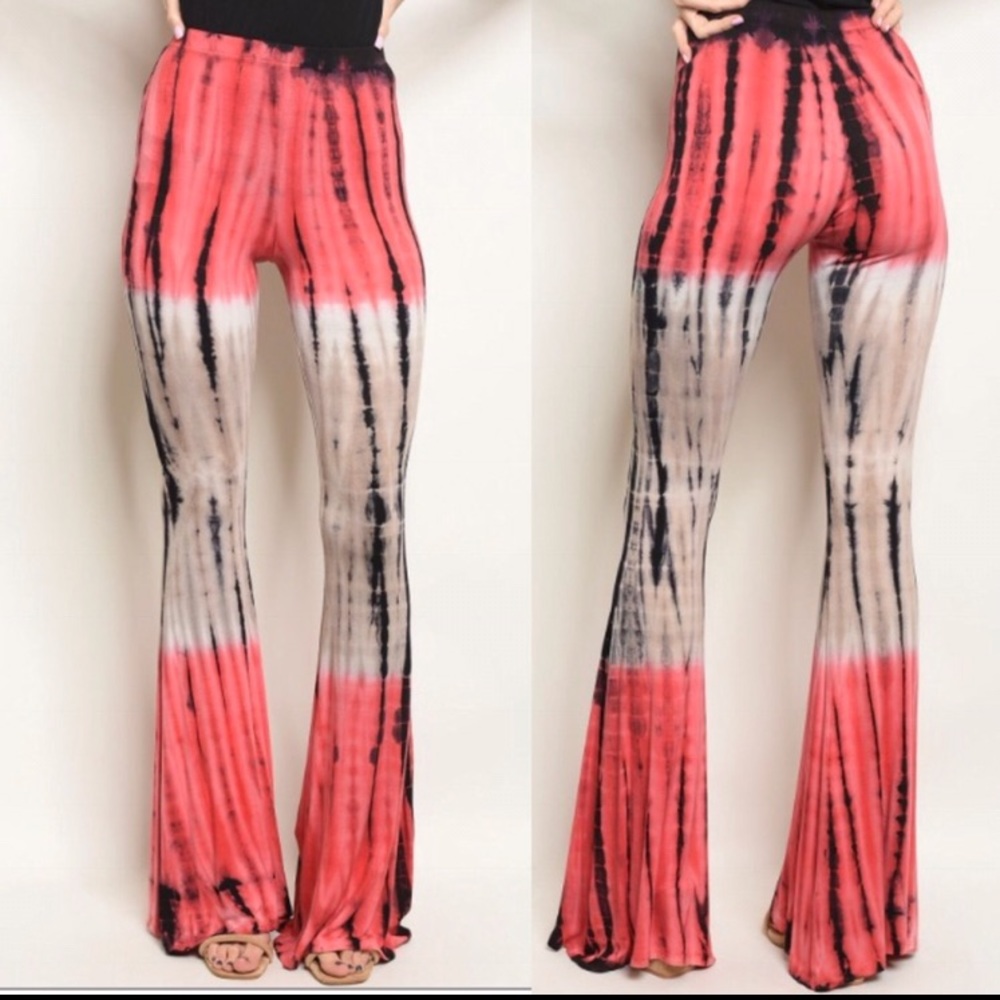Coral khaki tie dye flares / bell bottoms